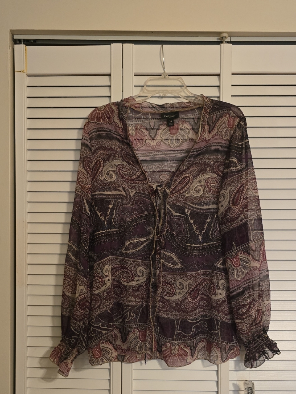 Perceptions Sheer Purple Paisley Tie-Front Blouse